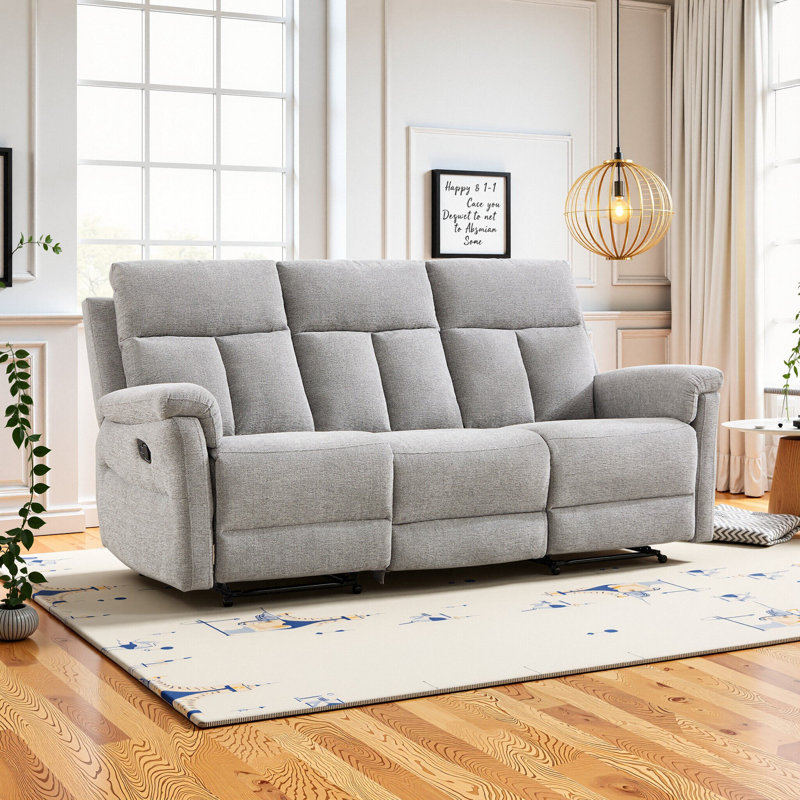 81" Wide Modern Chenille Upholstered Manual Reclining Sofa, Light Gray
