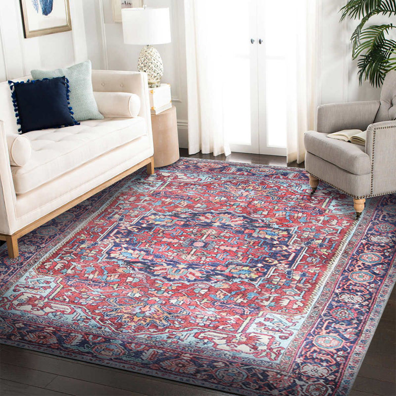 Tapis bourgogne à motifs rétro, Rond 8 pi 3 po