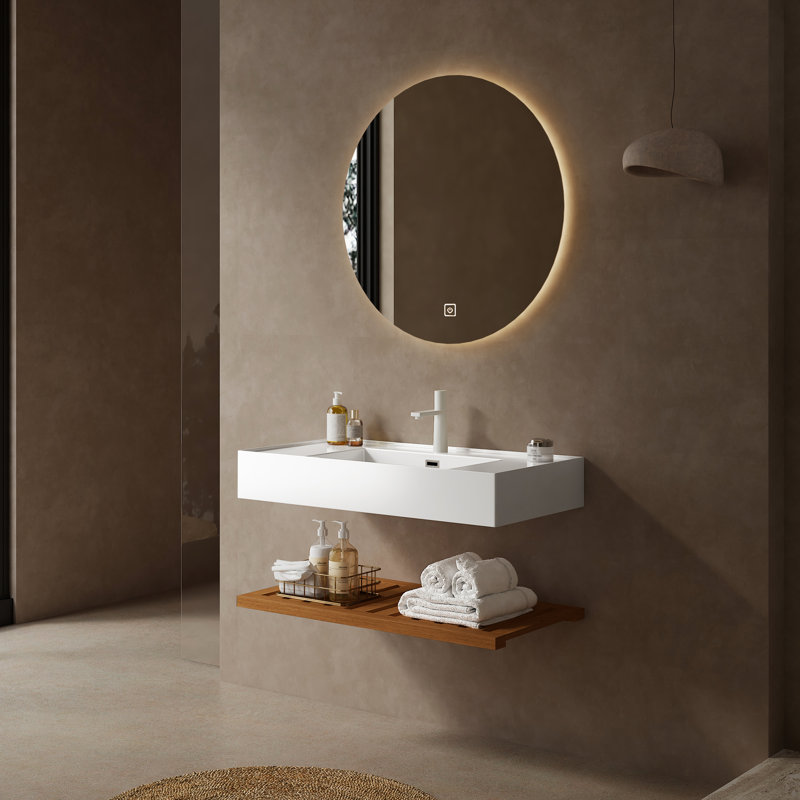 Bathroom Vanity With Vessel Sink 36" - White Rectangular Acrylic Basin, , Dark Walnut Shelves, Functional Storage Concept Sink, Space Function