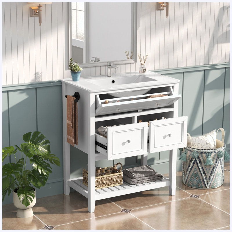 Meuble-lavabo sur pied de 76 cm avec lavabo en céramique, tiroir basculant, 2 tiroirs et tablette ouverte à lattes, porte-serviettes réversible, poignées argentées, blanc, MDF