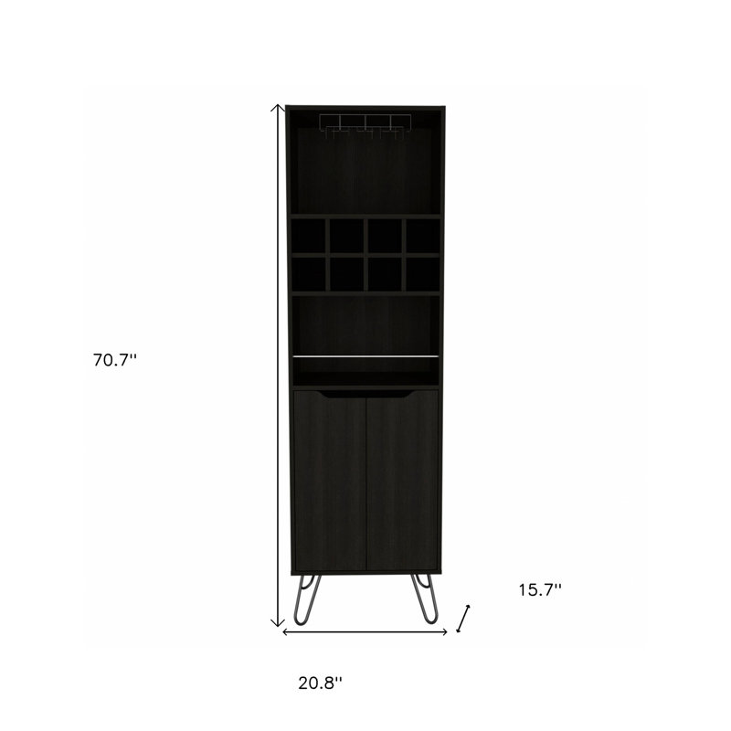 Janon 71" Black Tall Bar Cabinet with Two Door Panels and Top Wine Glass Rack