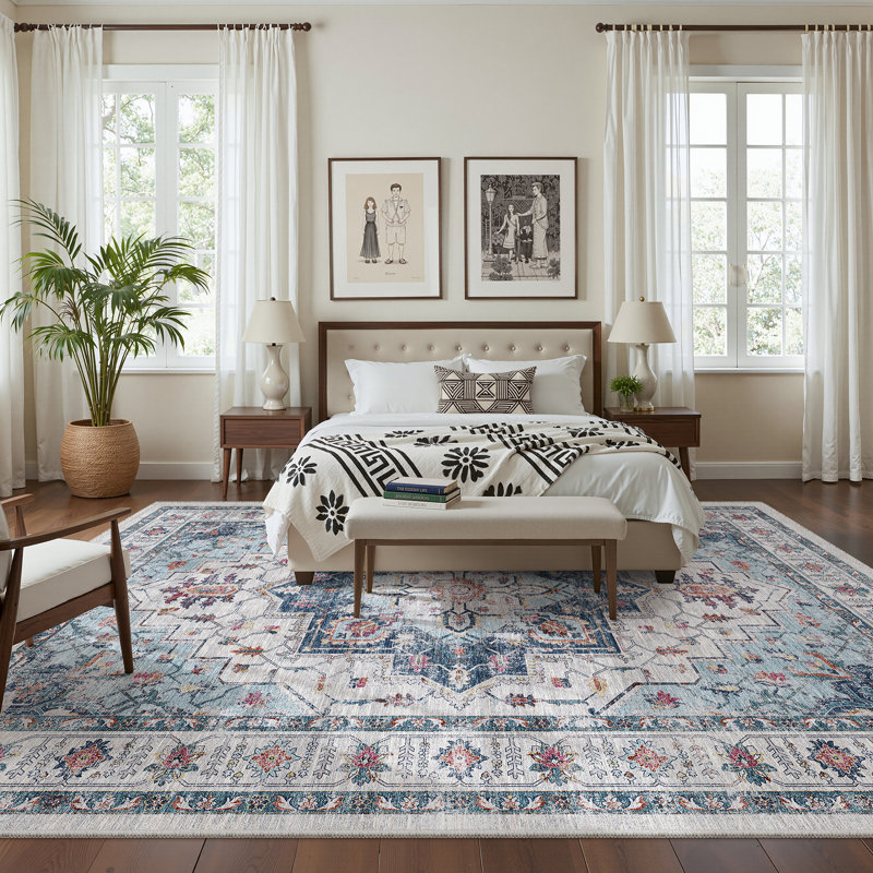 Tapis antidérapant Malila, Rectangulaire 8 pi x 10 pi, Bleu