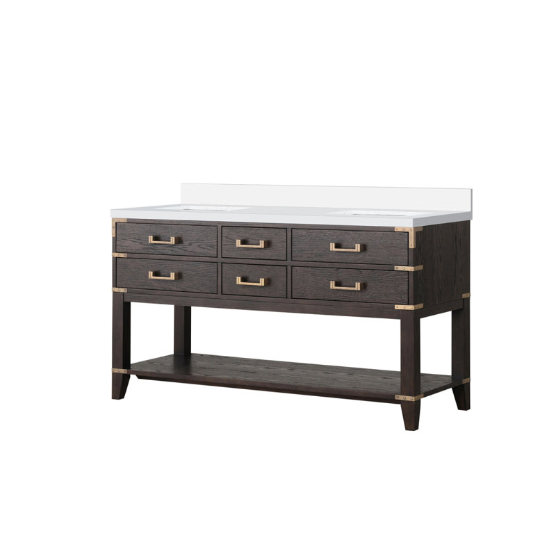 Meuble-lavabo double en chêne brun 60 po X P 22 po D, avec plateau en marbre de culture, 60", Chêne brun