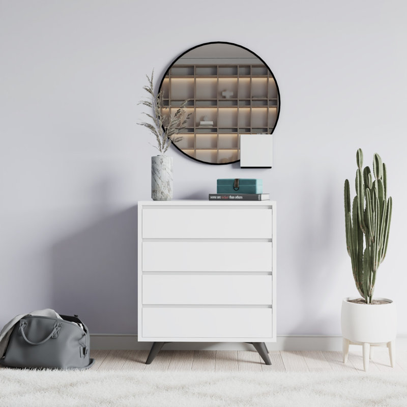 Modern White Dresser with 4 Drawers & Multiple Shelves, 27.6 x 33.9 x 15.7 inches | 100% Melamine Coated Particle Board, Thickness: 0.7 inches | Wall-Mountable Design, Sleek & Functional Storage Solution for Any Room