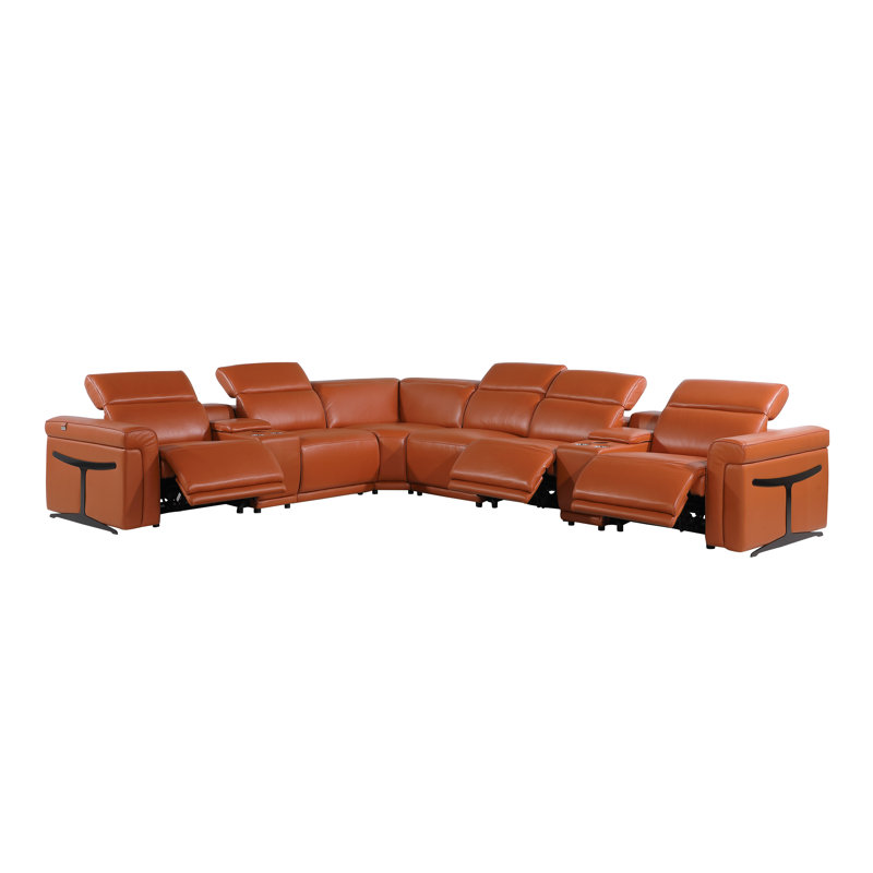 Canapé modulaire inclinable électrique en cuir italien Suhur, Cuir véritable chameau
