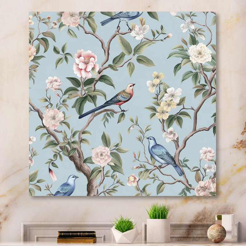 Amritha chinoiserie avec oiseaux et pivoines, art mural pour salon, oiseaux, Toile tendue, H 24 po x l 24 po x P 1 po