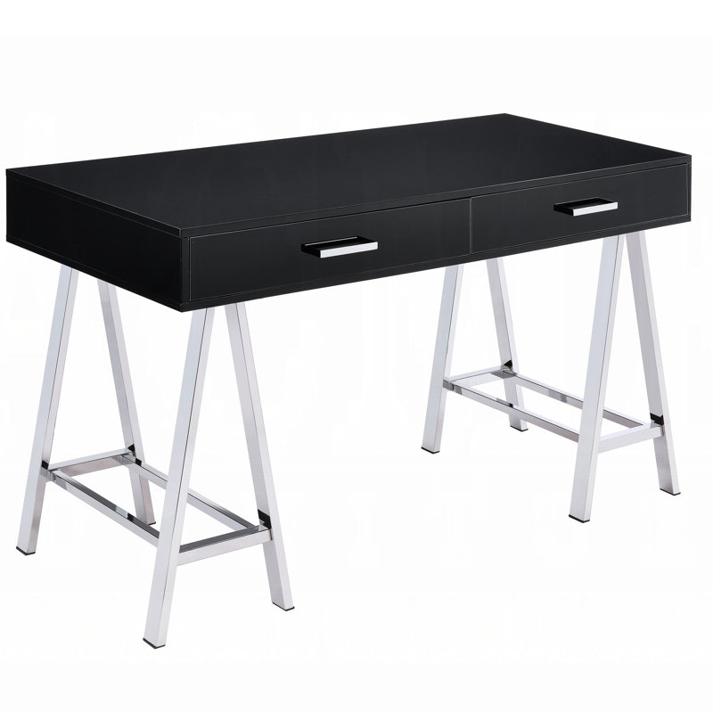 Bureau rectangulaire élégant avec 2 tiroirs, noir brillant et bureau contemporain