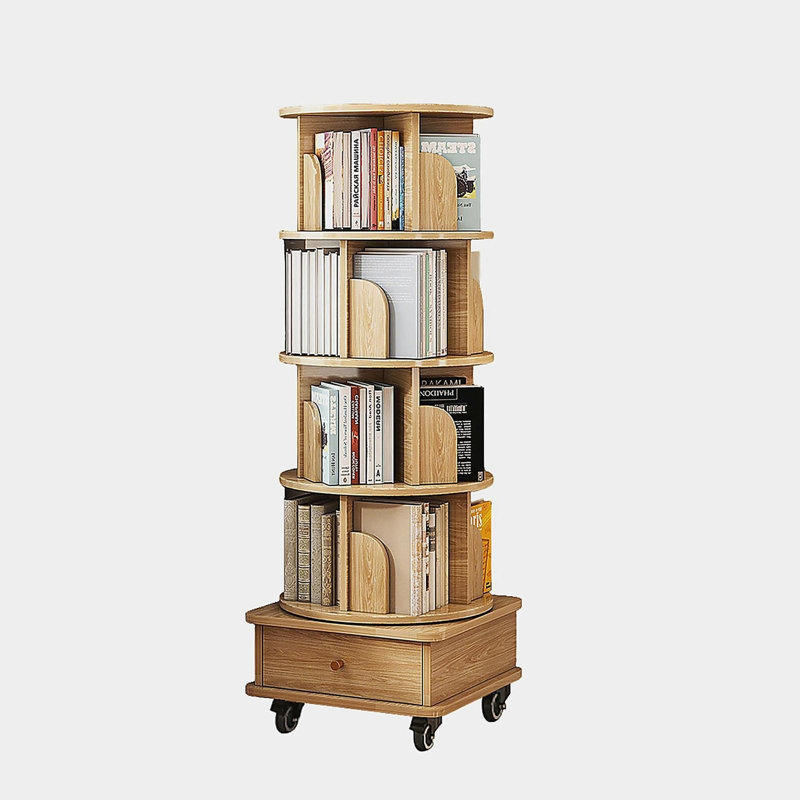 5 Tier Rotating Bookshelf, 360° Display Spinning Bookshelf with Wheels, Rotating Bookshelf Tower, Oak