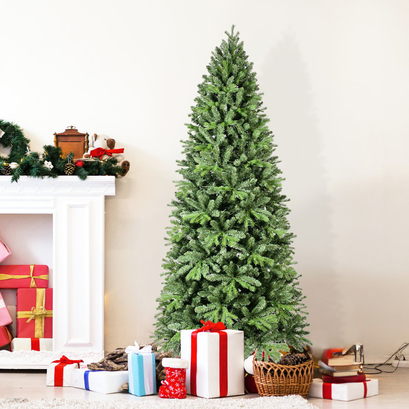 Décoration de Noël de 7,5 pi avec 1599 pointes réalistes et 450 lumières à DEL blanc chaud, branches en PE, conception à charnières facile à monter, base en métal robuste, aspect texturé réaliste, branches pour