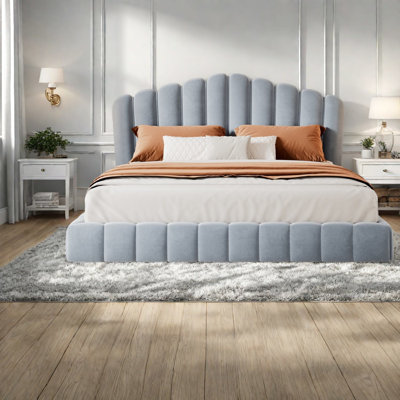 Modern Velvet Queen Bed, Upholstered Shell Headboard, Light Blue For Home