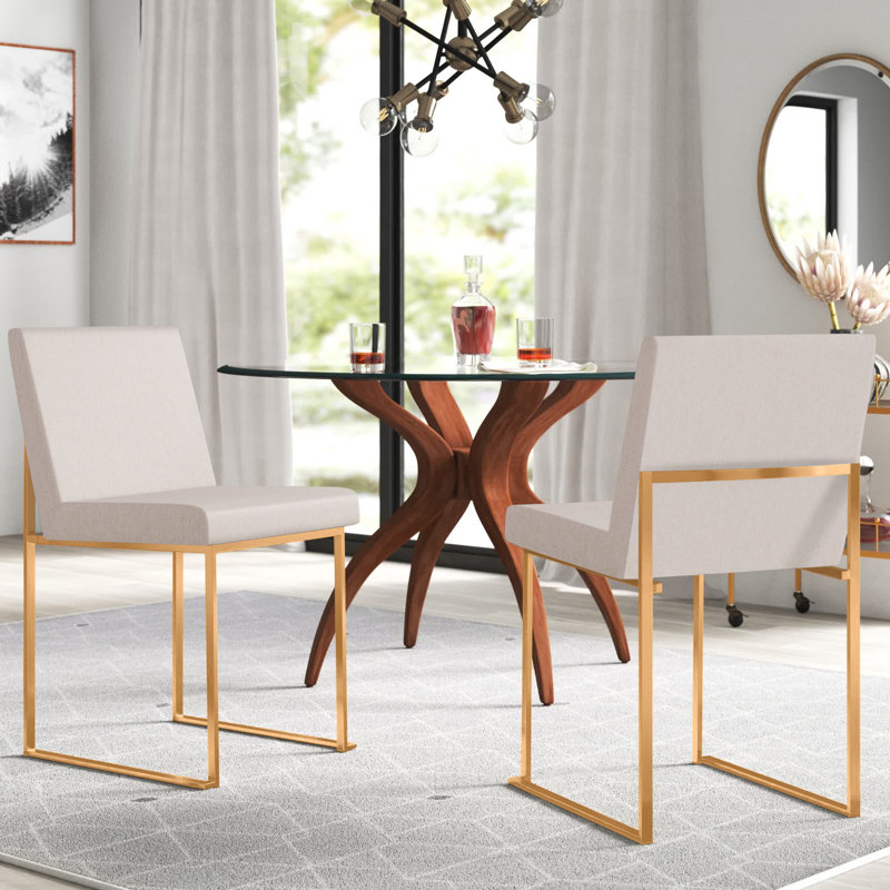 Ernestine 19.25'' H Upholstered Metal Side Chair, Gold, Beige Fabric