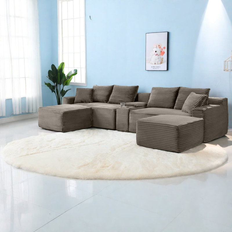 Modern Corduroy Sectionals Sofa With Usb And Storage, Brown U-shape For Living Room