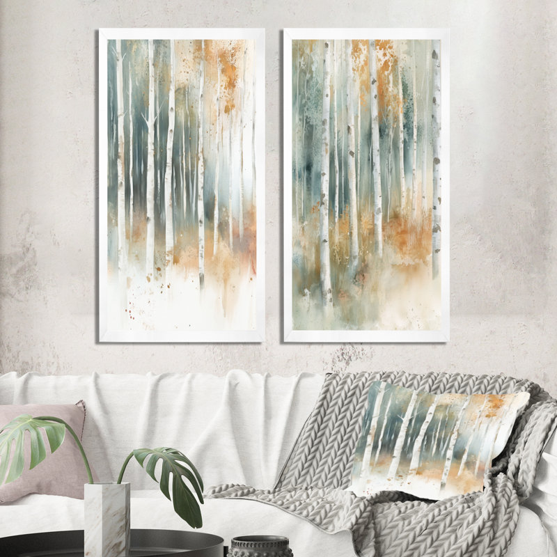 Peupliers à la lumière d'automne I - Ensemble de 2 tableaux encadrés « Forêt », 32" H x 32" W, White Picture Framed