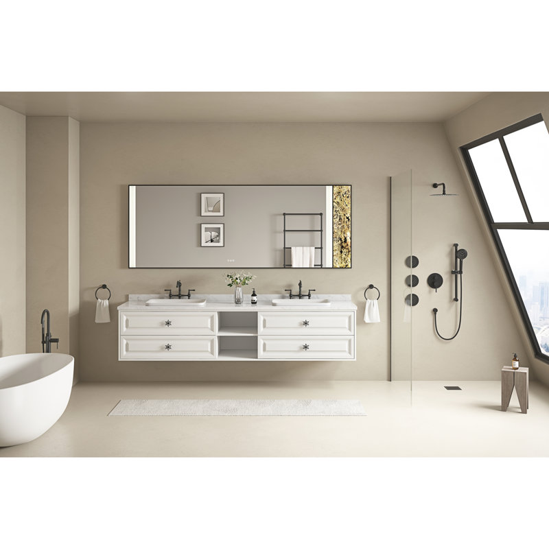 Miroir de salle de bain 96 po x 36 po à DEL, fixé au mur avec rétro-éclairage, brouillard, grande mémoire réglable, noir mat (miroir de 96 po x 36 po), support, fonction de brouillard, mémoire (96 x 36