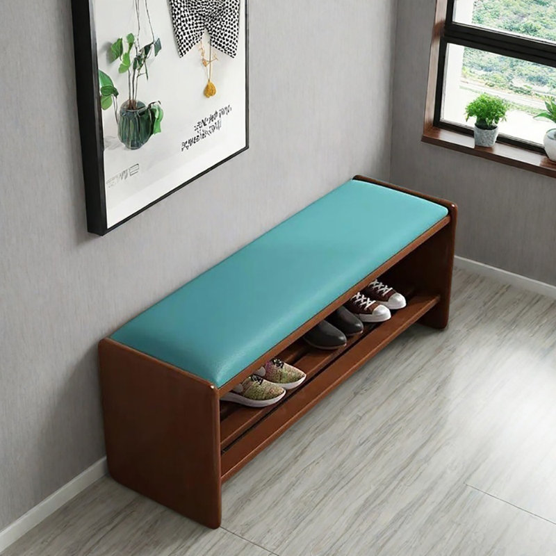 Banc de rangement pour tabouret 35,4 po, Bleu / noyer foncé