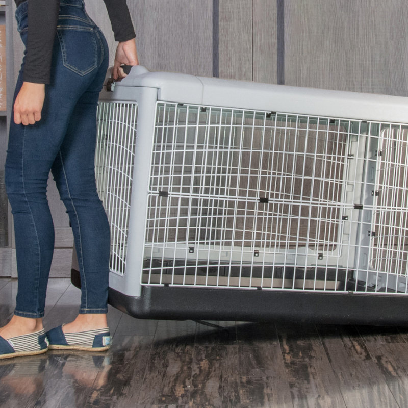 Gray Rolling Steel Pet Crate with Removable Tray