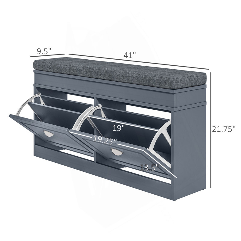 Modern Shoe Rack Bench For Entryway, Storage Organizer With Cushion, 2 Drawers, Adjustable Shelf, Holds 8 Pairs, Gray, Gray
