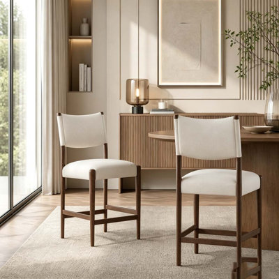 26.4" Solid Wood Counter Height Barstools, Modern Bar Stools Set of 2, Linen Upholstered Kitchen Island Chair