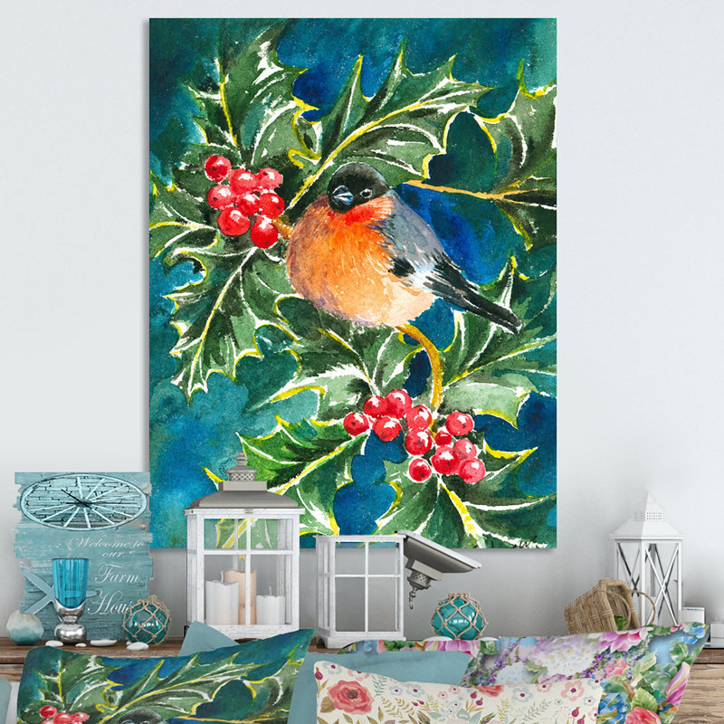 Bouvreuil avec oiseaux sur un arbre de Noël - art mural traditionnel sur toile, H 20 po x l 12 po x P 1 po, Toile tendue