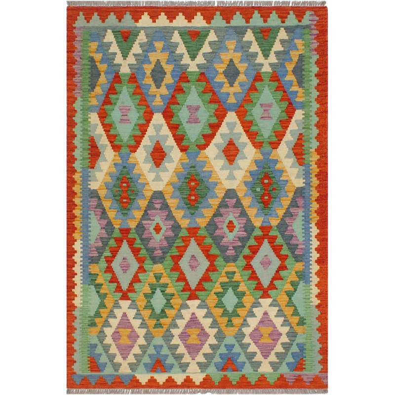 Tapis bleu / rouille en laine tissé à la main à motif tribal / géométrique / sud-ouest de couleur cépage Cedorah