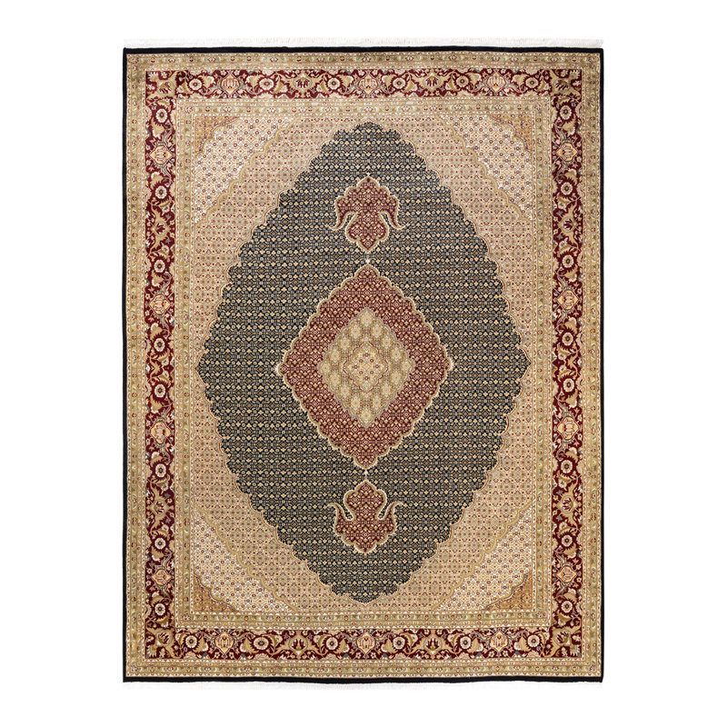 Tapis unique noué à la main 9 pi x 12 pi bourgogne / noir / beige Hayner