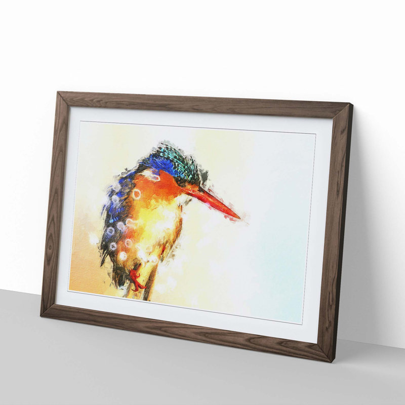 Exquisite Kingfisher Bird in Abstract - Picture Frame Painting Print, 48cm H x 65cm W x 2cm D, Walnut Framed