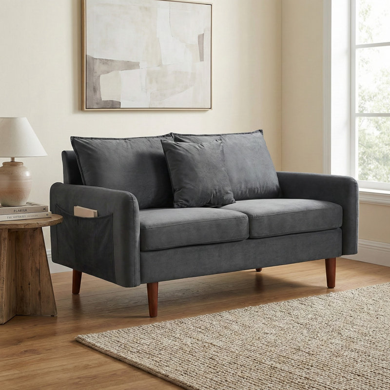  56" Wide Velvet Round Arm Loveseat, Featuring Side Storage Pockets and a Small Square Throw Pillow, Gray