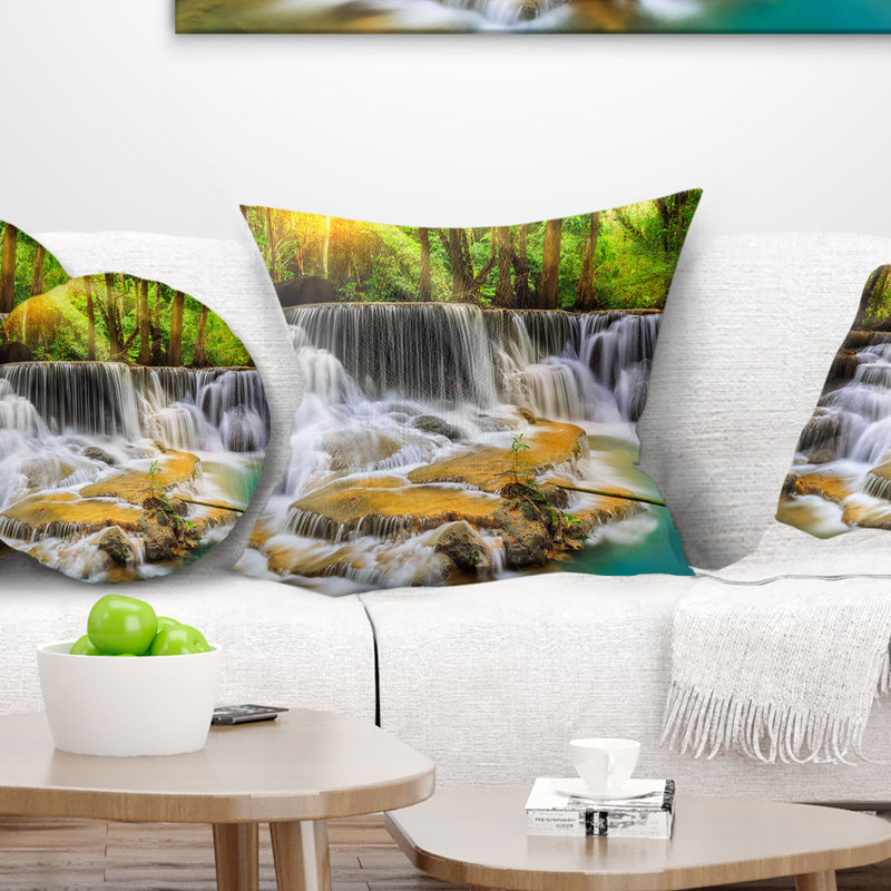 Wide View of Erawan Waterfall - Landscape Printed Pillow, Throw Pillow, 16" x 16"