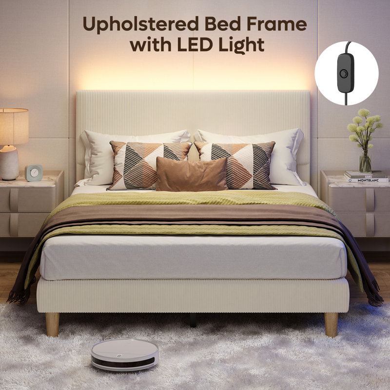 Corduroy Upholstered Platform Bed with LED Headboard, Modern Bed Frame, Queen, Beige