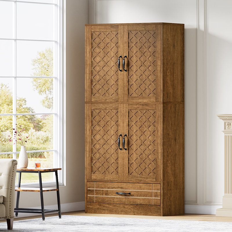 70 "Standard Storage Bookcase with Door and Drawer, Farmhouse Tall Book Cabinet, Brown