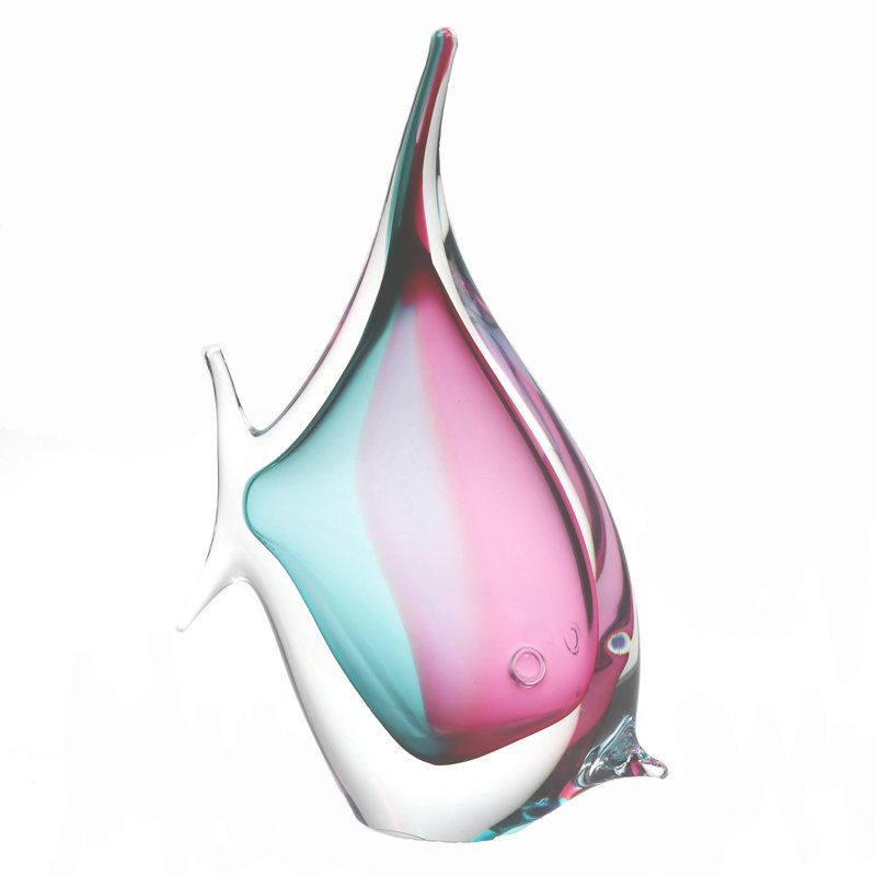 Murano Glass Design Tropical Fish, 10" H x 7" W x 2.5" D, Aqua/Ruby