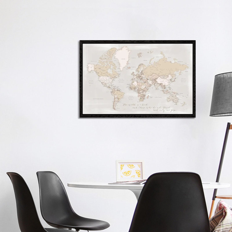 Rustic Detailed World Map The World Is A Book by Blursbyai - Floater Frame Gallery-Wrapped Canvas Giclée on Canvas, Black
