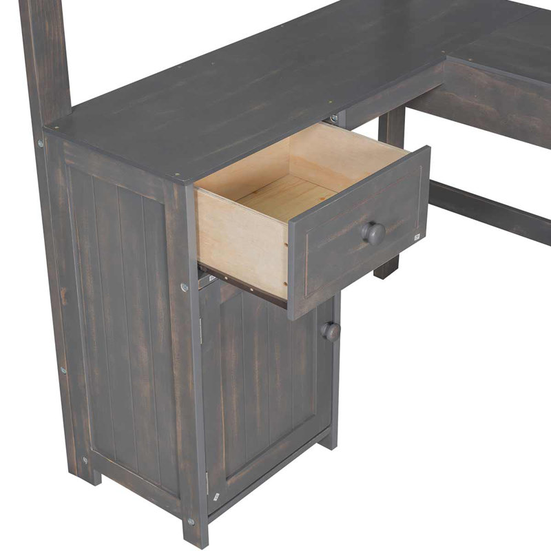 Lit mezzanine en bois avec bureau en U, tiroirs et tablettes de rangement, Lit simple