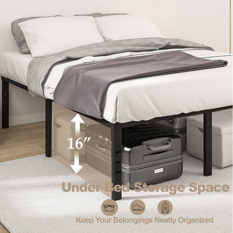 18" Black Metal Platform Bed Frame, Queen No Box Spring Needed, Slots for Headboard Attachment, No Noise, Queen, 18"