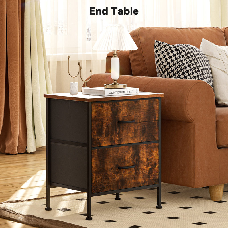 Nightstand, Small Dresser for Bedroom, End Table with 2 Fabric Drawer Bedside Closet, Set of 1, Black/Brown