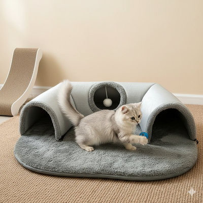 Cachette polyvalente à triple fonction pour animaux de compagnie - Combine un tube de jeu, un tapis d'activité et un canapé-lit isolé avec un fond antidérapant sécuritaire, adapté aux félins, lapins et rongeurs de taille compacte à moyenne