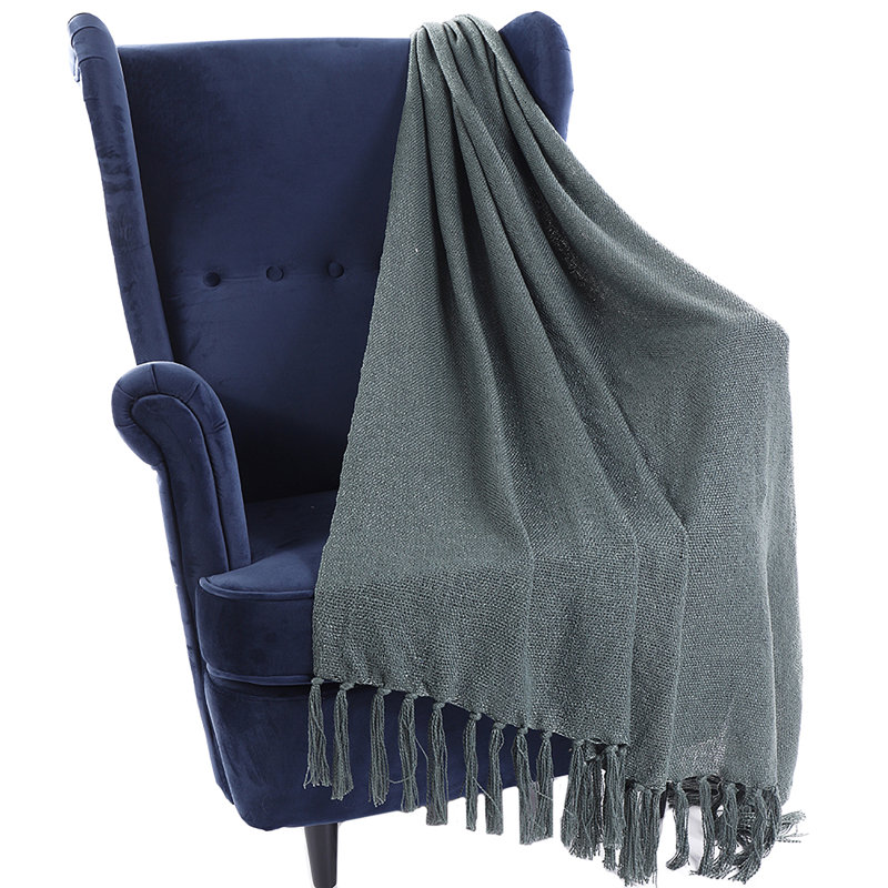 Dark Green Knitted Fringe Blanket, 50"x60"