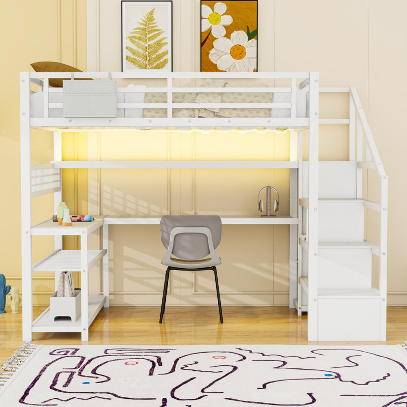 Full Loft Bed With Storage Stair, Wardrobe, L‑Shaped Desk, Shelves, LED Lights And Charging Station, White