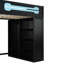 Lit mezzanine double en bois avec bureau, garde-robe ouverte et lumière RVB bleue-122274114