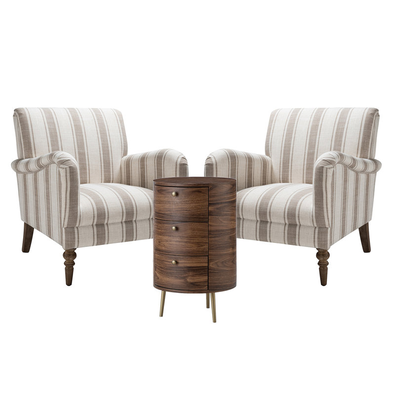 Ensemble de salon 3 pièces Brunner avec fauteuils rembourrés et table de bout à 3 tiroirs Brunner, Tanné