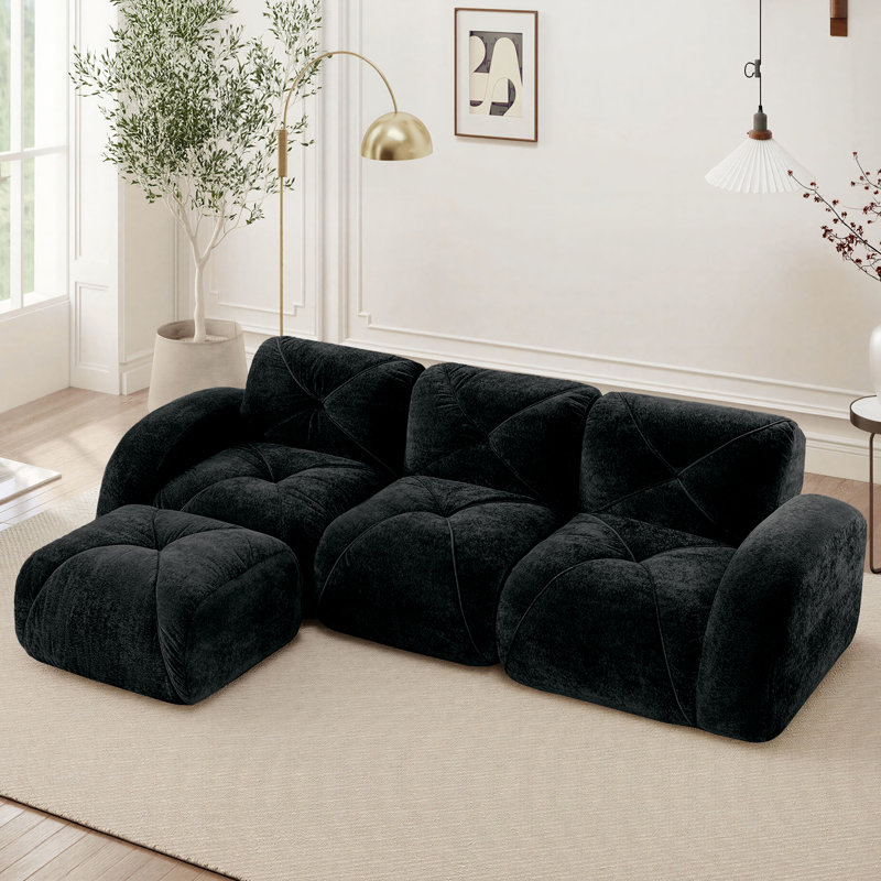 Boneless 110" L-Shaped Modular Compression Sectional Sofa with Ottoman for Living Room, Black Velvet