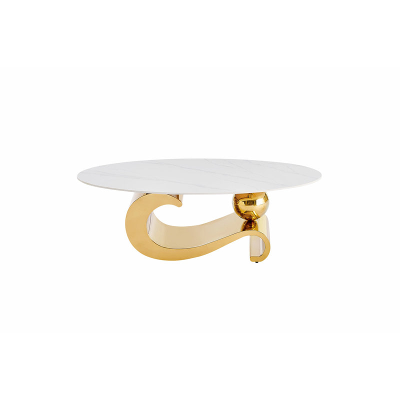 Table basse en métal doré avec piédestal en acier inoxydable et plateau en faux marbre