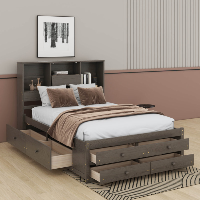 Grand lit plateforme avec tête de lit et tiroirs de rangement, gris