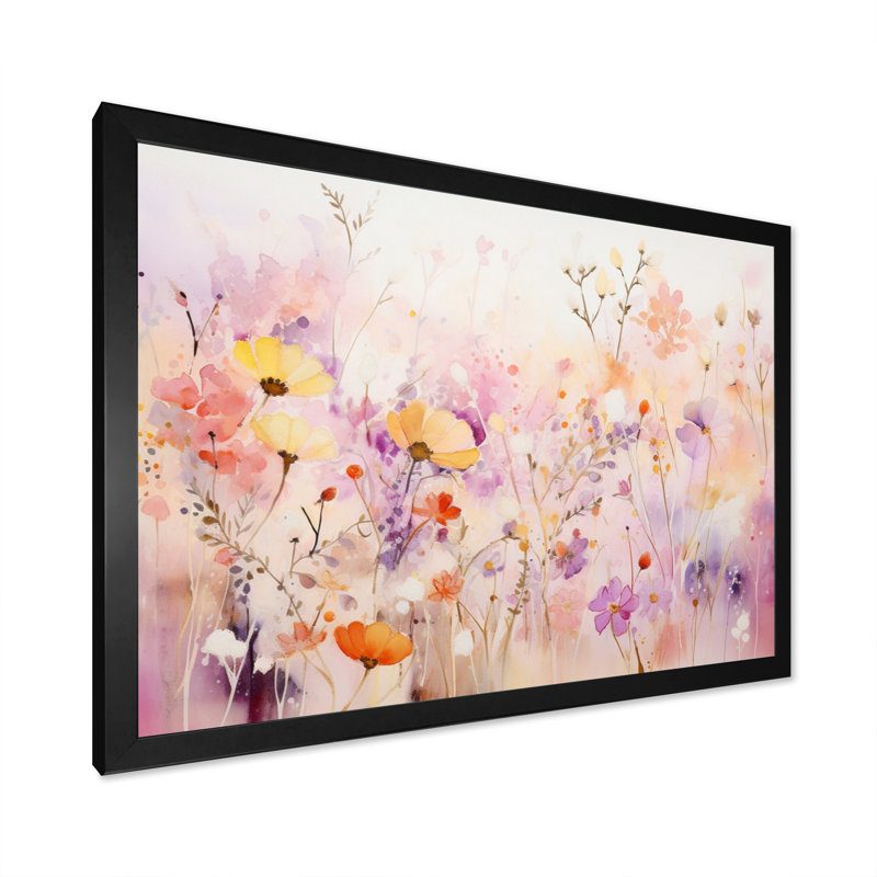 «Pink Whimsical Wildflowers I», reproduction sur toile, Cadre simple noir, H 34 po x l 44 po x P 1,5 po