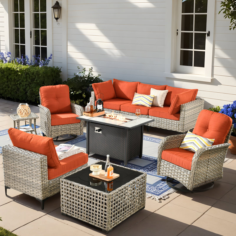 6 Seats High Quality Pe Rattan Outdoor Furniture Sofa With Rocking Chair And Stove, Can Be Freely Combined, Orange