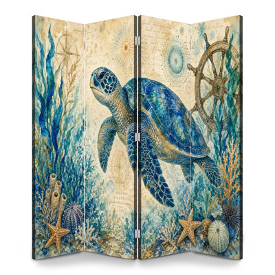 4 Panels Folding Screen Room Divider Royal Sea Turtle Vintage Nautical Coral Starfish Canvas Screen Room Separator Freestanding Protective Wall Divider Privacy Partition for Bathroom
