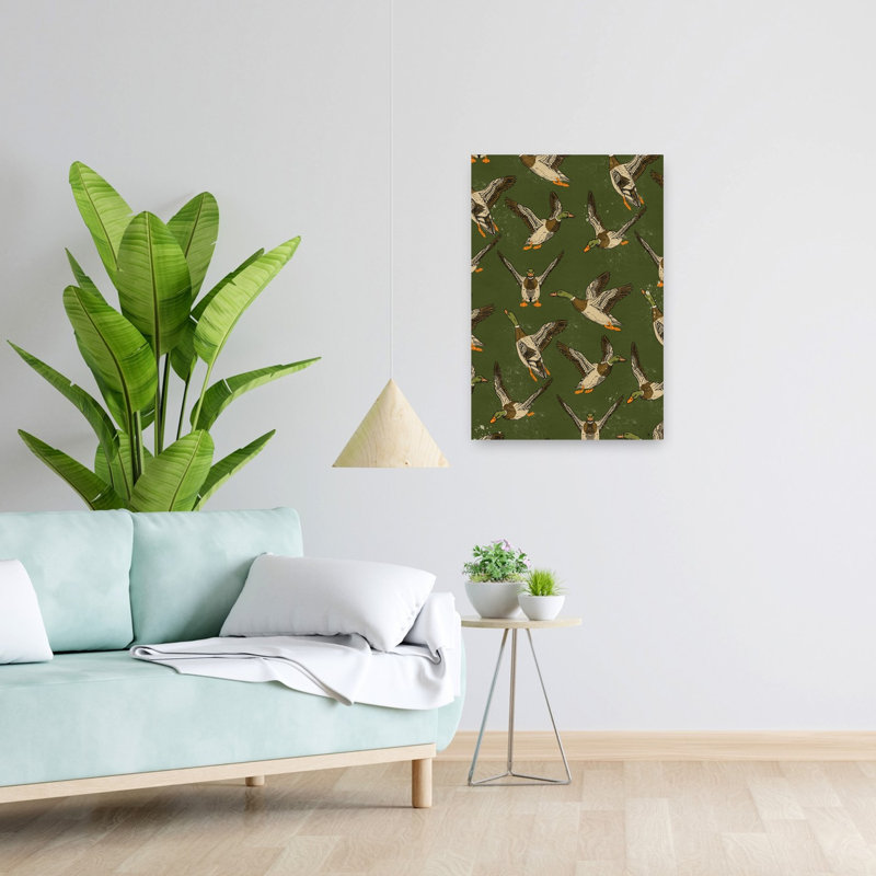 Mallard Flight Pattern Contemporary Bird Duck Nature Wildlife Wall Art Print by Nicholas - Wrapped Canvas Print, Green