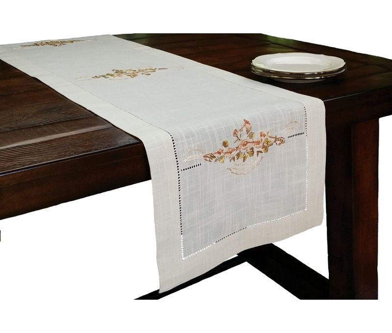 Linen Flowers Crewel Embroidered with Hemstitch Cutwork Table Runner