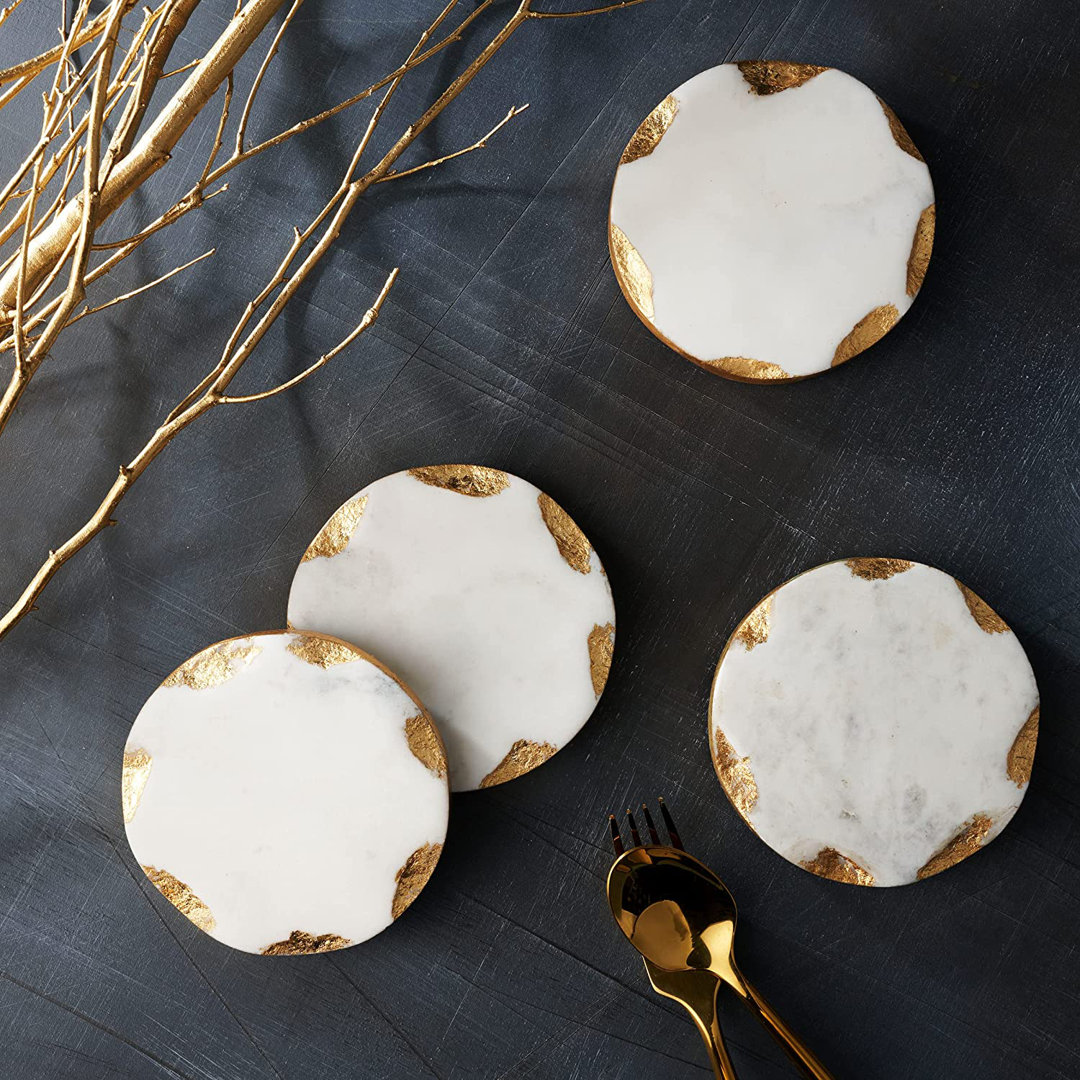 Edica Marquise Raw Edge Marble Coaster Set (Set of 4) Millwood Pines Color: White/Gold