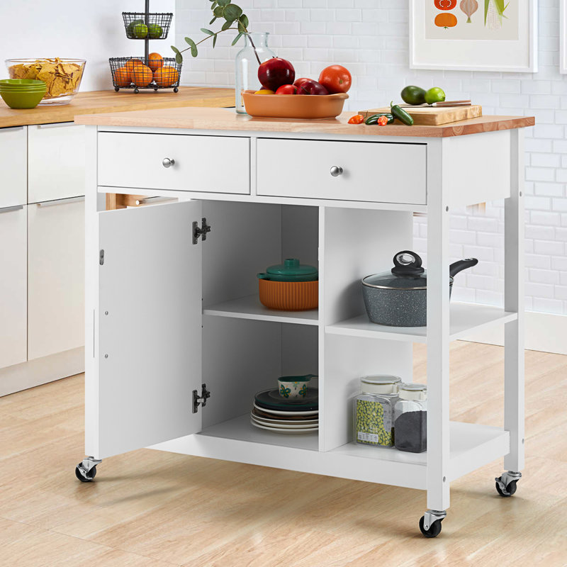 Chariot pour îlot de cuisine roulant avec grands tiroirs, porte-serviettes, armoires à compartiments, tablettes de rangement ouvertes, îlot de cuisine avec plateau en bois d'hévéa, pieds en pin, roues verrouillables noires